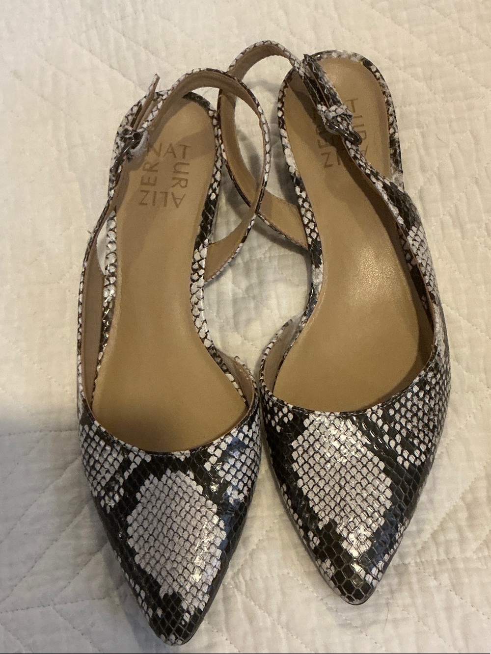 Naturalizer Pointed Slingback Flats in Black and White Snake Print